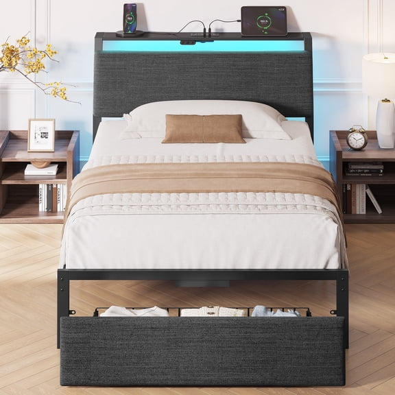 Greenstell Twin Size Bed Frame with Headboard Storage & Charging Station, Upholstered Platform Bed with LED Light & Drawer