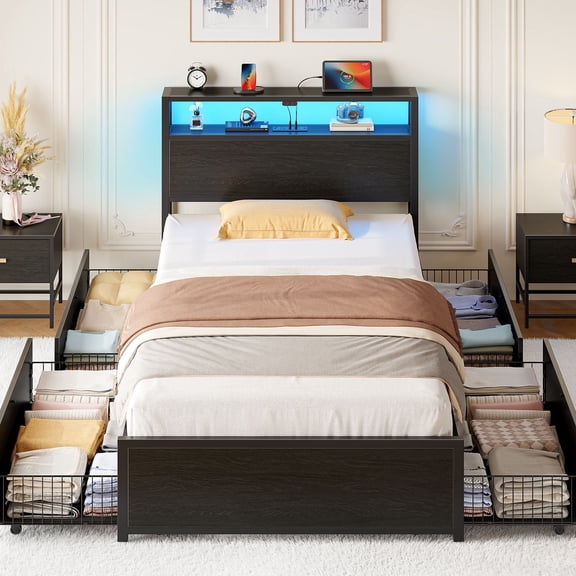 Greenstell Twin Size Bed Frame with Storage,4-Drawer Platform Bed with USB Charging Station,Built in LED Lights Easy Assembly