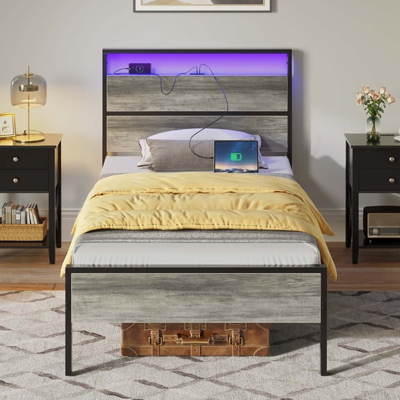 Greenstell Twin Size LED Light Bed Frame with Storage Wooden Headboard & Charging Station, Metal Bed Platform, Beige
