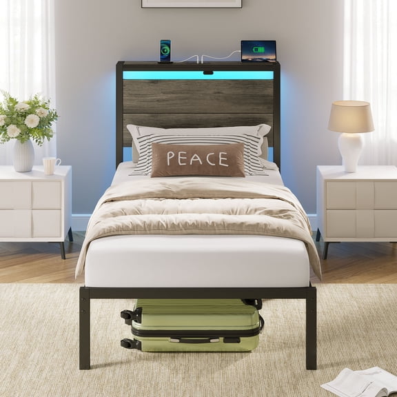 Greenstell Twin Size Bed Frame with LED Lights, USB Outlets & Under-Bed Storage, Modern Headboard for Bedroom,Gray