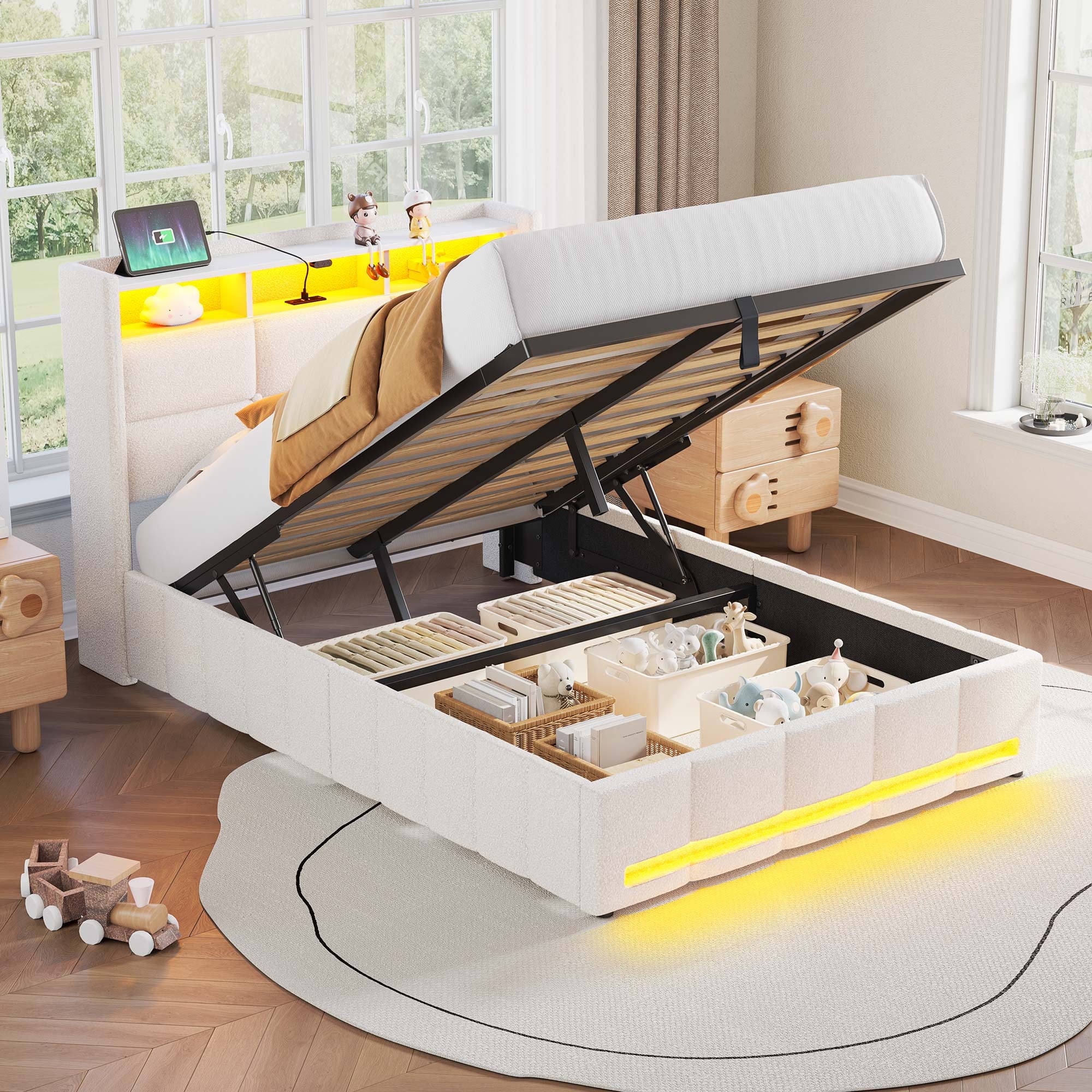 Greenstell Twin Size Lift up Hydraulic Platform Storage Bed Frame with Led Light & Charging Station, Fabric Channel Wingback Headboard, Off White
