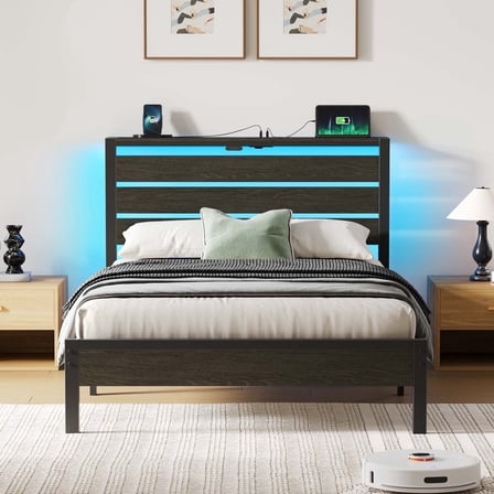 Greenstell Twin Bed Frame with Storage Headboard, Wood Platform Bed with LED Lights & USB Charging Station, Metal Bed frame, Black