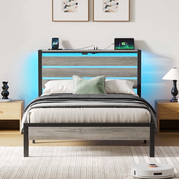 Greenstell Twin Bed Frame with Storage Headboard,Wood Platform Bed with LED Lights & USB Charging Station, Metal Bed Frame, Light Gray