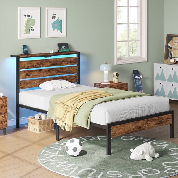 Greenstell Twin Bed Frame with Storage Headboard,Wood Platform Bed with LED Lights & USB Charging Station, Metal Bed Frame ,Rustic Brown