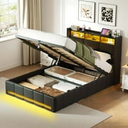 Greenstell Twin Size Lift up Hydraulic Platform Storage Bed Frame with Led Light & Charging Station, Leather Channel Wingback Headboard, Black