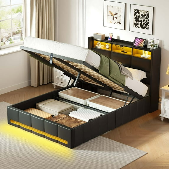 Greenstell Twin Size Lift up Hydraulic Platform Storage Bed Frame with Led Light & Charging Station, Leather Channel Wingback Headboard, Black