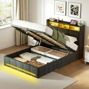 Greenstell Twin Size Lift up Hydraulic Platform Storage Bed Frame with Led Light & Charging Station, Leather Channel Wingback Headboard, Black