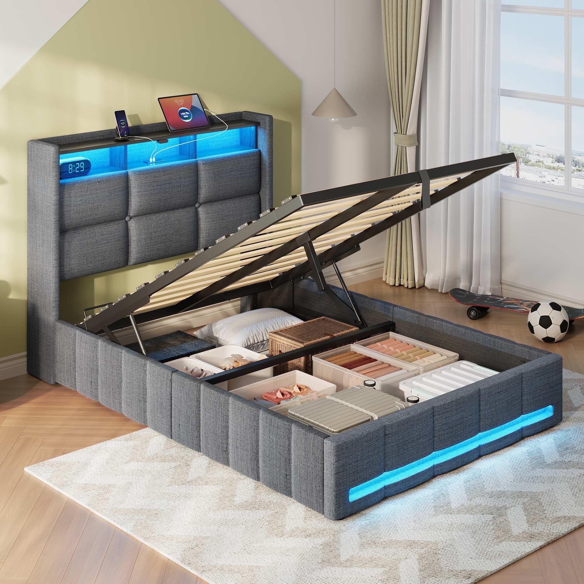 Greenstell Twin Size Lift up Hydraulic Platform Storage Bed Frame with Led Light & Charging Station, Fabric Channel Wingback Headboard, Dark Gray