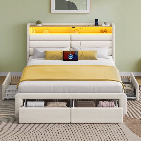 Greenstell Upholstered Full Size Bed Frame with Headboard and Storage, LED Full Bed Frame with 4 Drawers, Charging Station,Off White
