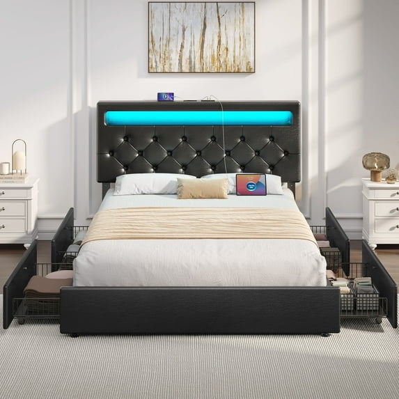 Greenstell Queen Bed Frame with 4 Drawers, Upholstered Platform Bed with LED Adjustable Storage headboard & Charging Station, Black
