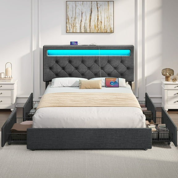 Greenstell Queen Bed Frame with 4 Drawers, Upholstered Platform Bed with LED Adjustable Storage headboard & Charging Station, Dark Gray