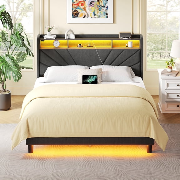 Greenstell Upholstered Queen Bed Frame with Storage Headboard, Charging station, LED, Easy Assembly, Dark Gray