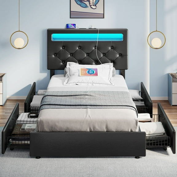 Greenstell Twin Bed Frame with 4 Drawers, Upholstered Platform Bed with LED Adjustable Storage headboard & Charging Station, Black