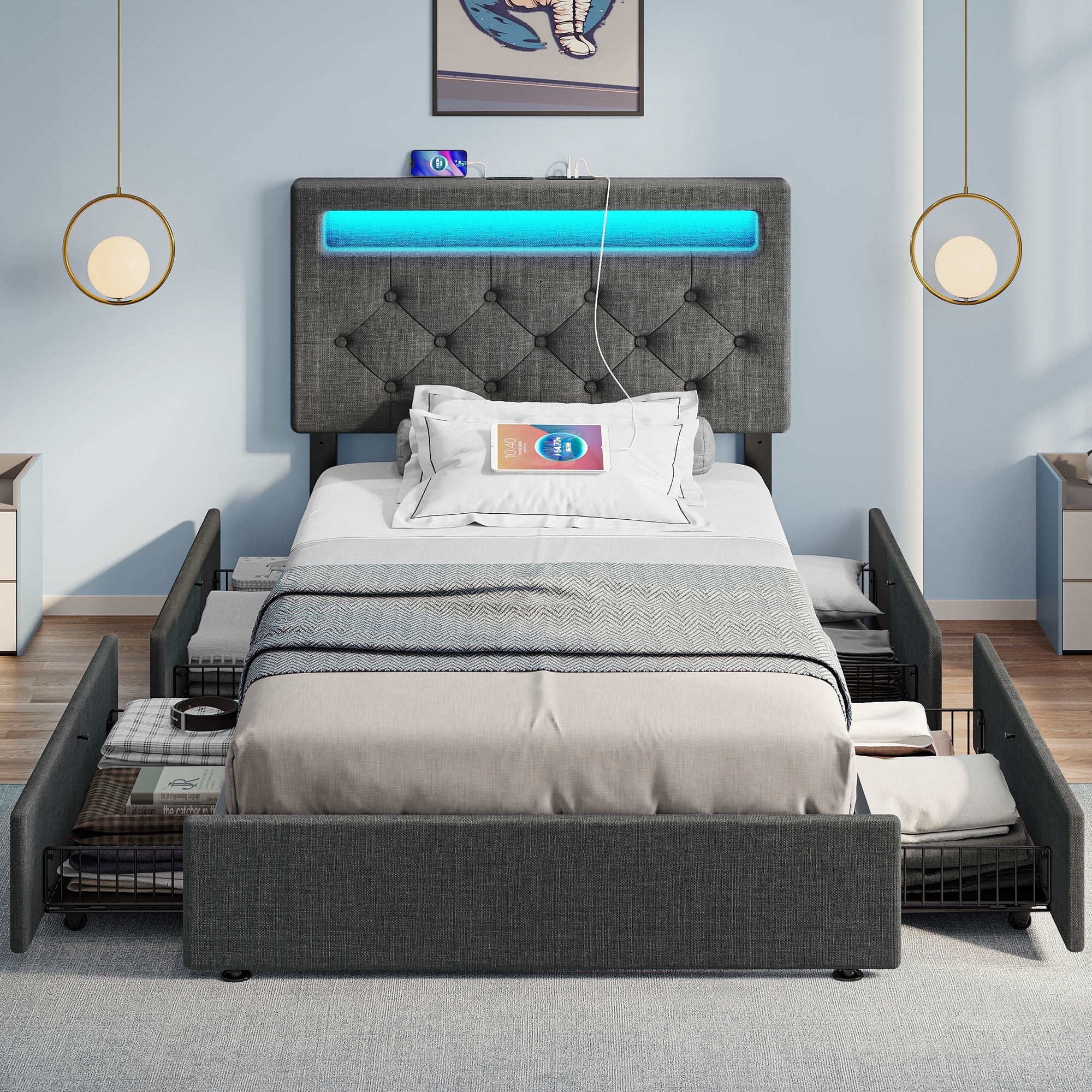 Greenstell Twin Bed Frame with 4 Drawers, Upholstered Platform Bed with LED Adjustable Storage headboard & Charging Station, Dark Gray