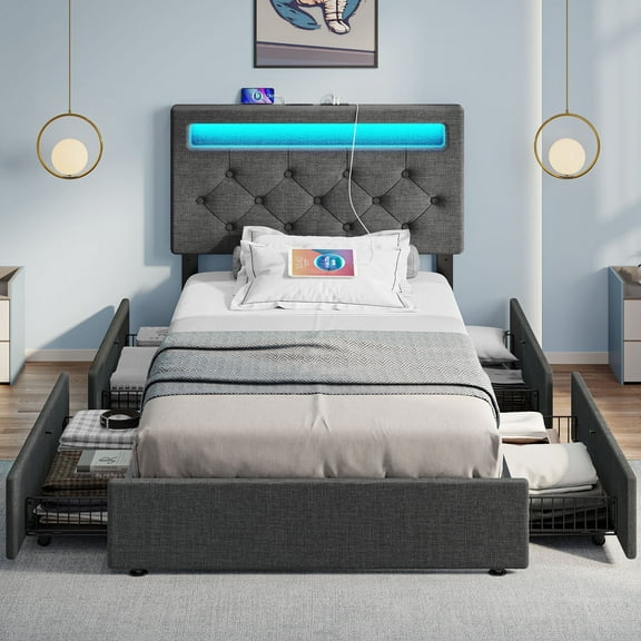 Greenstell Twin Bed Frame with 4 Drawers, Upholstered Platform Bed with LED Adjustable Storage headboard & Charging Station, Dark Gray