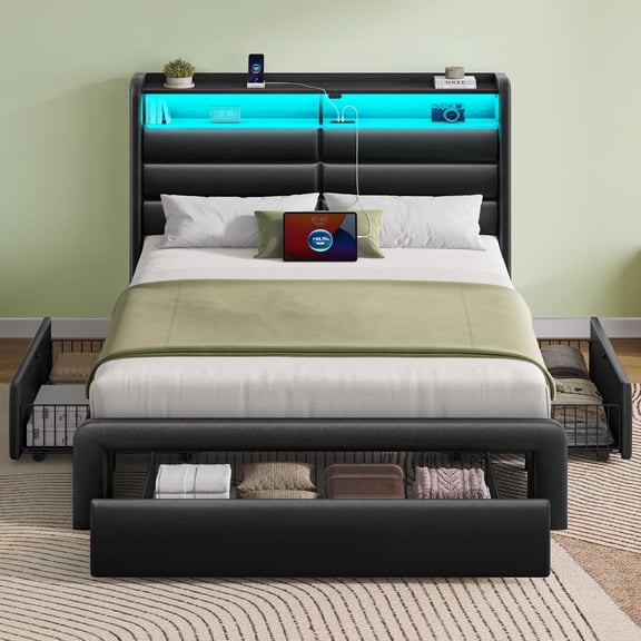Greenstell Upholstered Twin Size Bed Frame with Headboard and Storage, LED Twin Bed Frame with 3 Drawers, Charging Station, Black