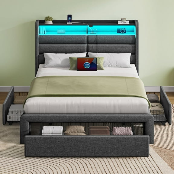 Greenstell Upholstered Twin Size Bed Frame with Headboard and Storage, LED Twin Bed Frame with 3 Drawers, Charging Station, Dark Gray
