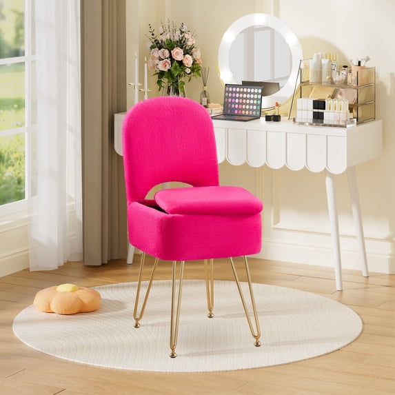 Greenstell Vanity Storage Ottoman, 13.4″ L × 15″ W × 30″ H Upholstered Vanity Faux Fur Chair with Lumbar Support, Small Foot Stools Coffee Table Padded Seat for Makeup Room (Rose)
