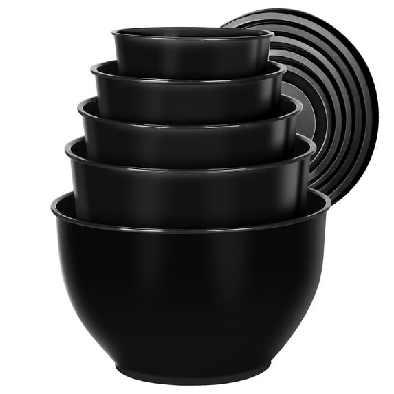 Greentainer 5-Piece Plastic Mixing Bowl Set with Lids for Kitchen, Nesting Storage Bowls for Baking, Prepping,Cooking and Serving Food, Dishwasher, Microwave Safe,Great for Mixing & Serving (Black)