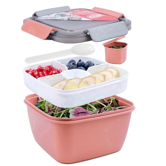 Greentainer 52 oz to Go Salad Container Lunch Container, BPA-Free, 3-Compartment for Salad Toppings and Snacks, Salad Bowl with Dressing Container, Built-in Reusable Spoon, Microwave Safe(Pink)