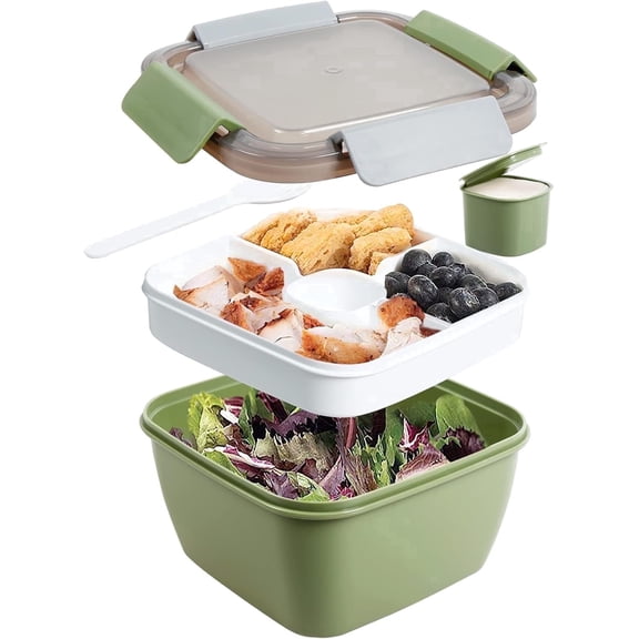 Greentainer 52oz Salad Container Lunch Box with Cutlery, Salad Box to Go with Compartment Tray,Bento Box for School,Work,Picnic,Travel,Leakage Proof Snack Box, Army Green