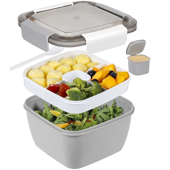 Greentainer Lunch Box Lightweight Bento Box with 1 Fork, Salad Container with Dressing Container, 3 Compartments Salad Box-to-Go for School, Work, Picnic, Travel, Camping-Grey