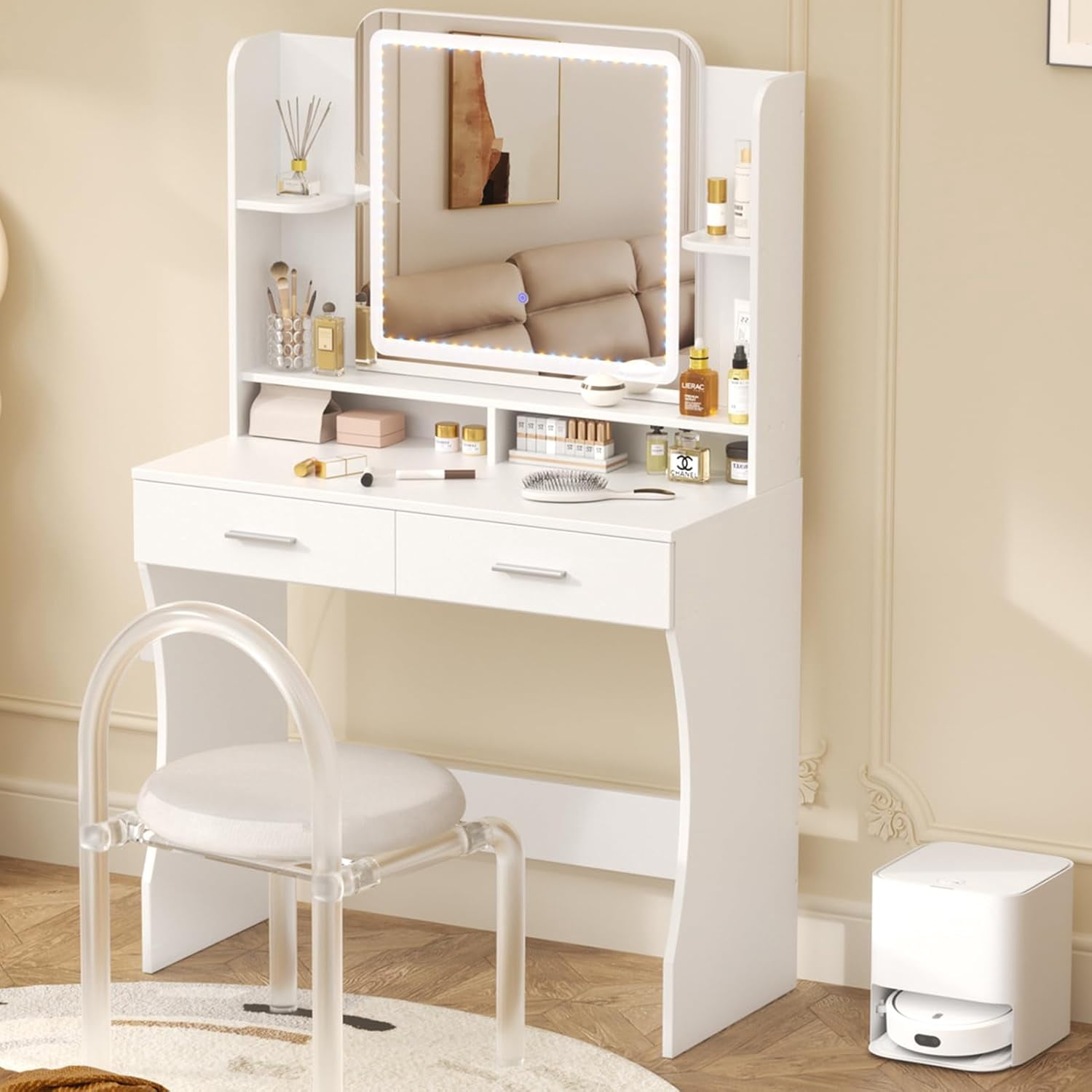 Greenvelly Makeup Vanity Table With Lights & Stool - Pink & White, 3 Lighting Modes, Large Drawers