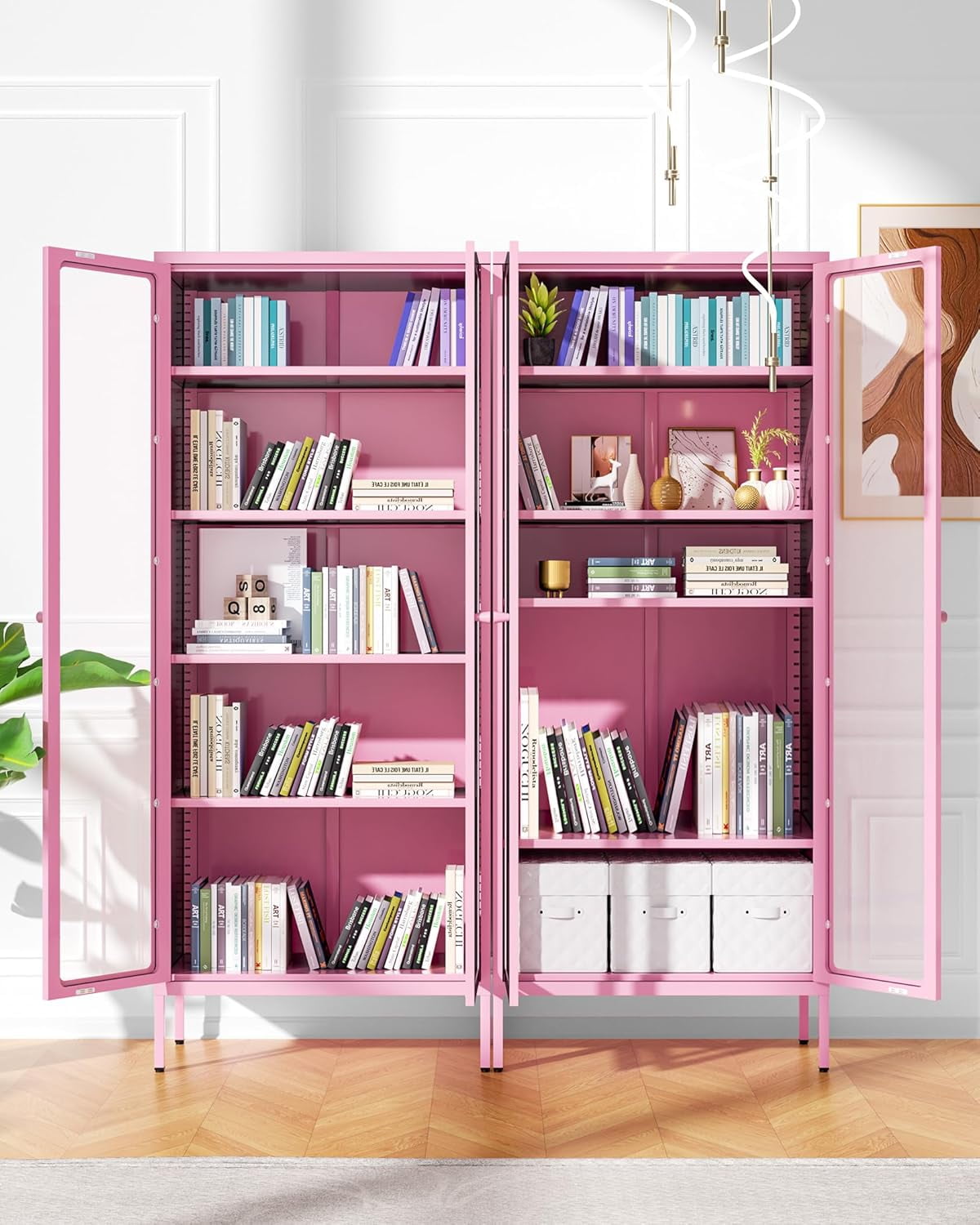 Bok Case Greenvelly Tall Curio Bookcase with Tempered Glass Doors and Shelves ...