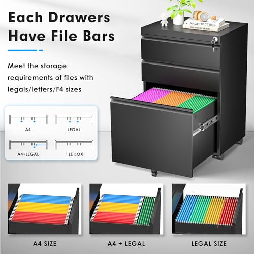 INTERGREAT 3-Drawer Mobile Filing Cabinet With Lock - White, Fully Assembled, Wheels, Under-Desk Storage