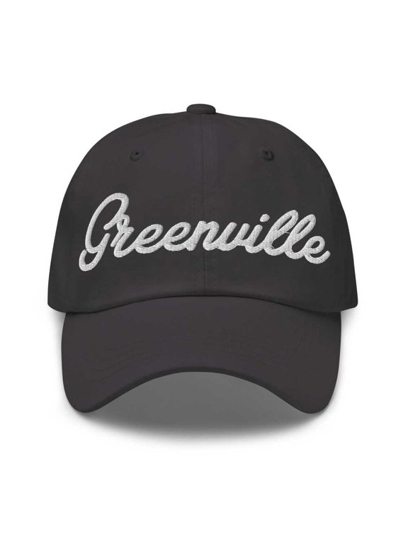 Greenville Baseball Cap Greenville Dad Hat Bold Script Idaho ID Hat Embroidered Souvenir Gift Dark Grey