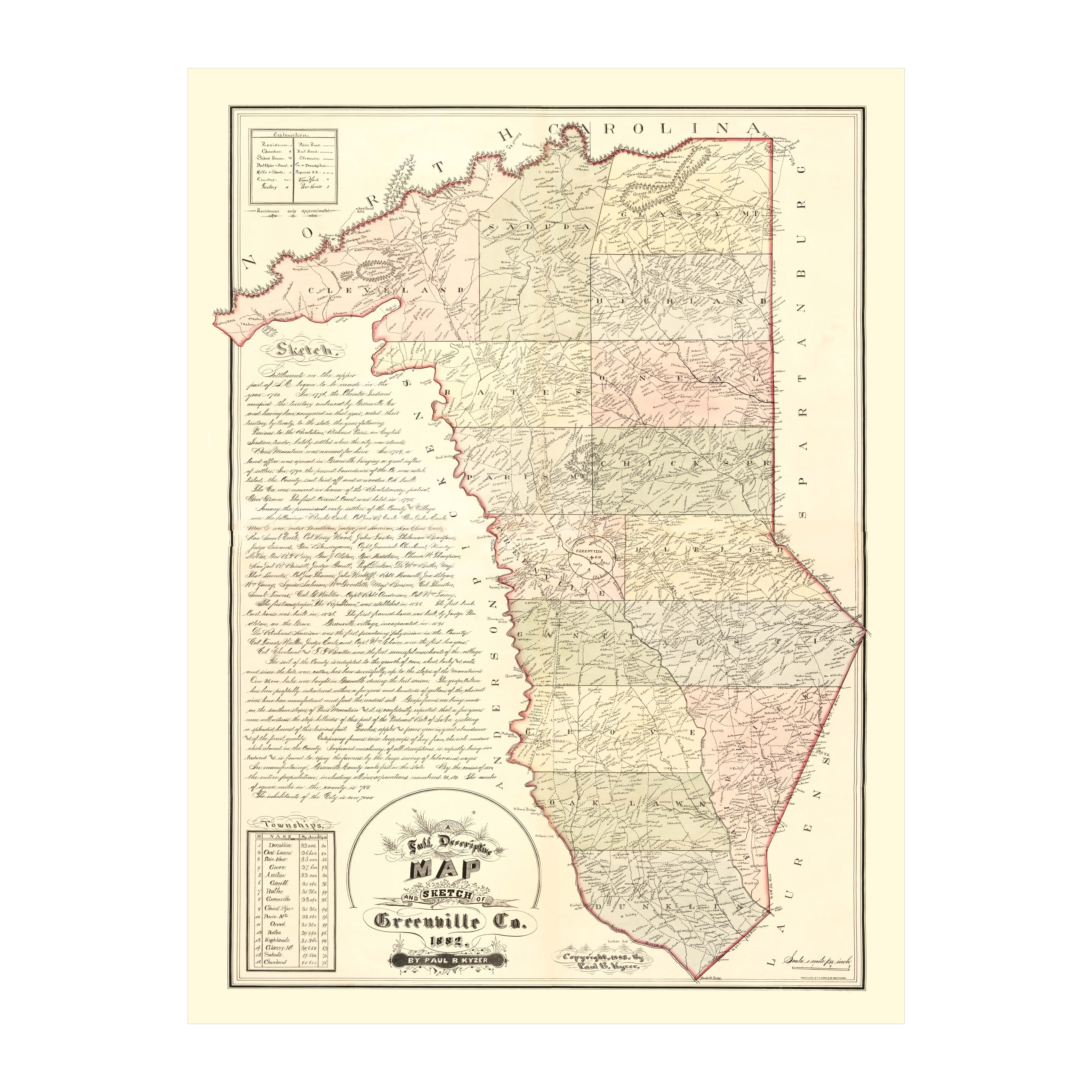 Greenville County South Carolina Art, 1882 Vintage Map of Greenville ...