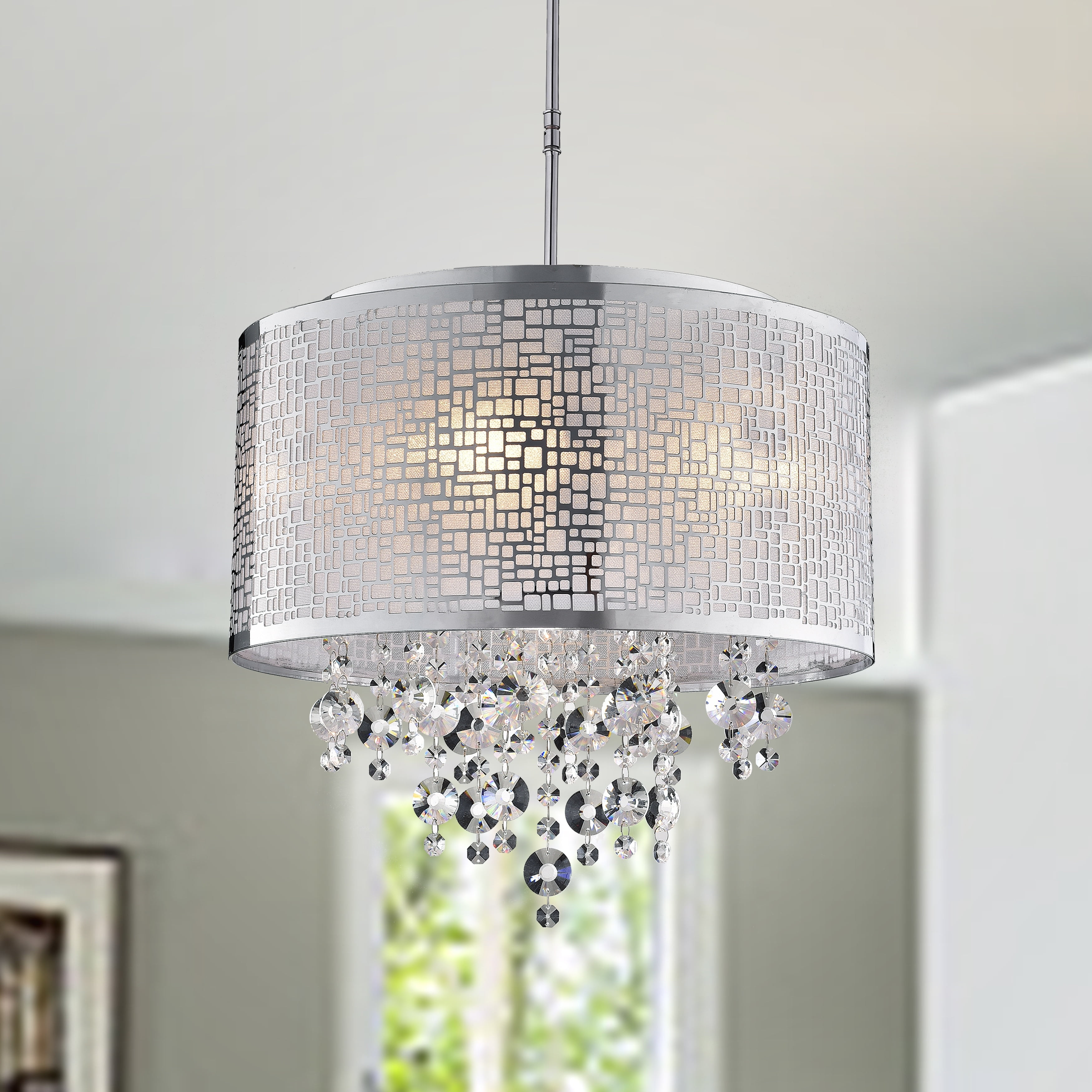 Chrome Mini Drum Chandelier with Crystal Accents