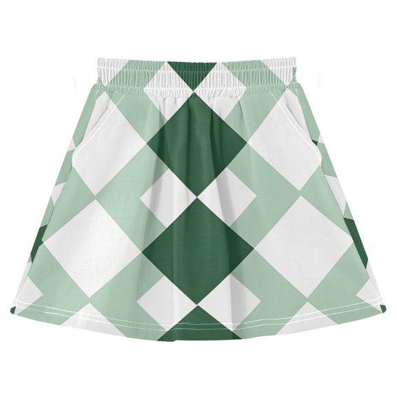 Greenwhitecheck Pattern Cotton Skirt Built-in Liner Elastic A-Line Flared Skirt with Pockets