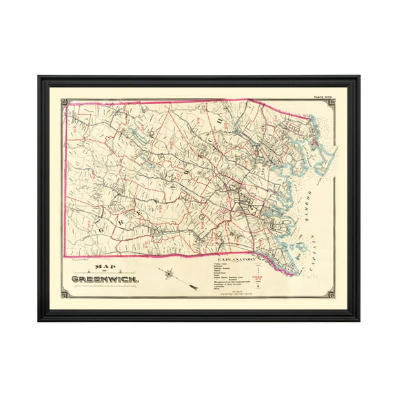 Greenwich Art, 1900 Vintage Map of Greenwich Connecticut, CT History Wall Decor Gift, Old Greenwich Map - 24" x 18" Black Framed Print
