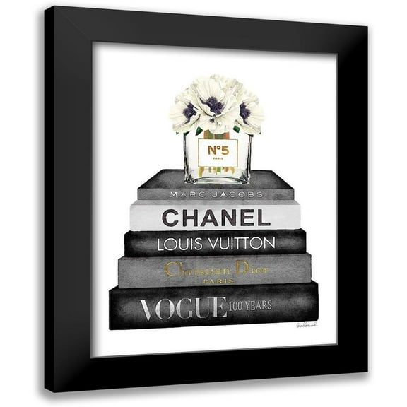 Greenwood, Amanda 12x14 Black Modern Framed Museum Art Print Titled - Book Stack Grey Poppy