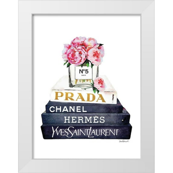 Greenwood, Amanda 12x14 White Modern Wood Framed Museum Art Print Titled - Book Stack Pink Peony