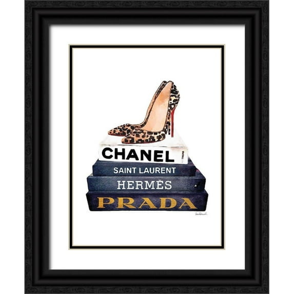 Greenwood, Amanda 19x24 Black Ornate Wood Framed with Double Matting Museum Art Print Titled - Book Stack Leopard Shoes