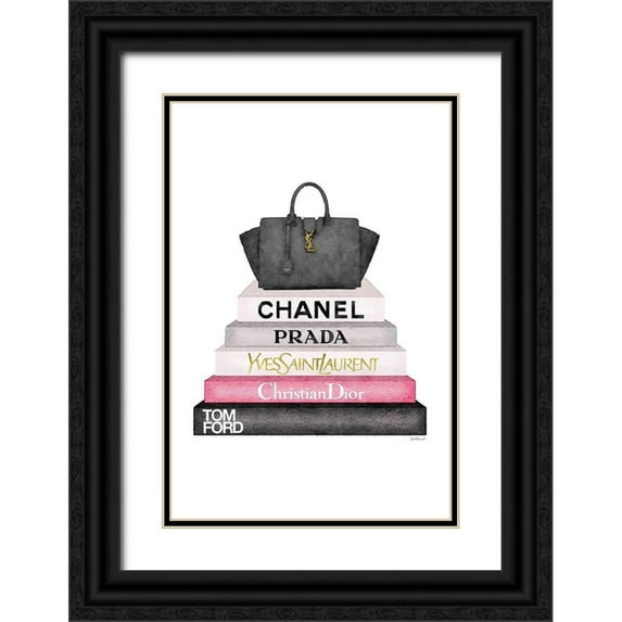 Greenwood, Amanda 23x32 Black Ornate Wood Framed with Double Matting Museum Art Print Titled - Pink Bookstack with bag