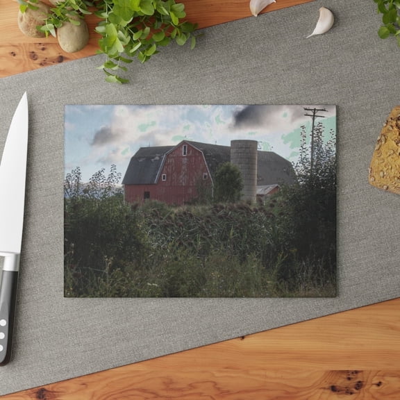 U R There Photography Greenwood Road Red II Rustic Farmhouse Tempered-Glass Cutting Board 8"x 11"