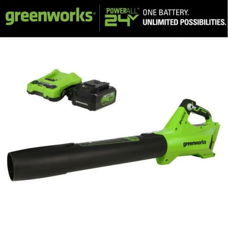 Greenworks - 24-Volt 110 MPH 450 CFM Cordless Handheld Blower (1 x 4.0Ah Battery and 1 x  Charger) - Black/Green