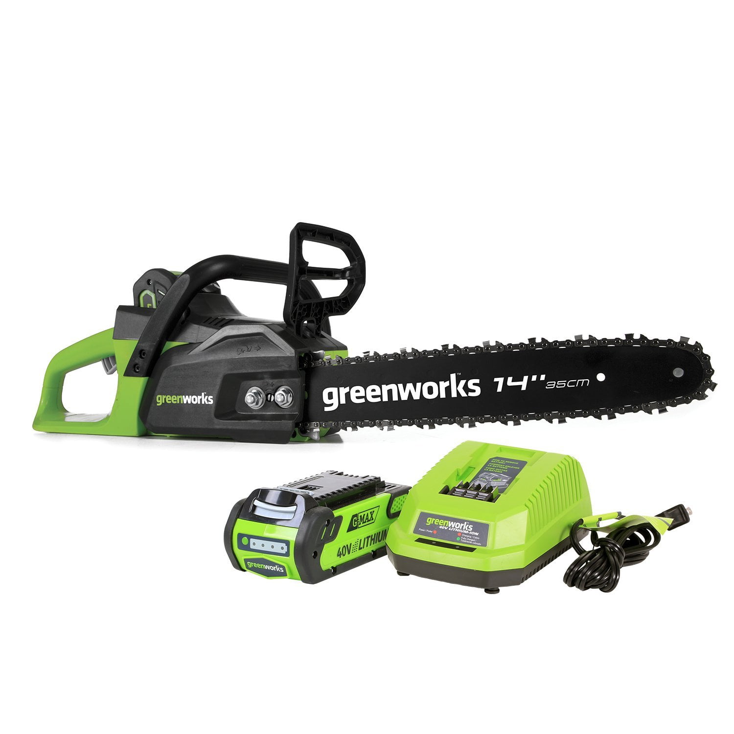 Greenworks 40V 14 in. Cordless Brushless Chainsaw with 2.5 Ah Battery and Charger, 2012802