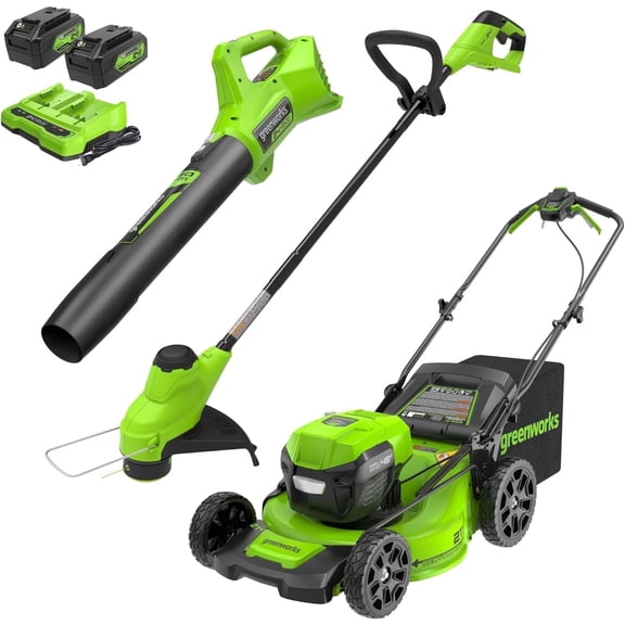 Greenworks 2 x 24V 21" Brushless Cordless (Self-Propelled) Lawn Mower + Blower (320 CFM) + 12" String Trimmer, (2) 5.0Ah Batteries and Charger Included (75+ Compatible Tools)