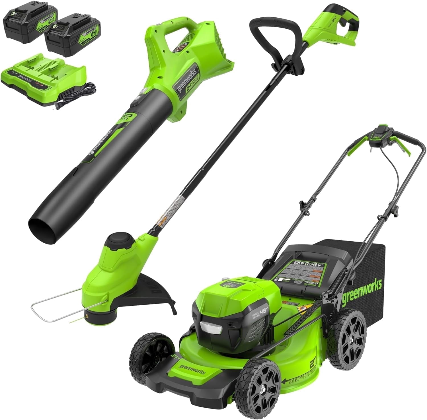 Greenworks 2 x 24V 21" Brushless Cordless (Self-Propelled) Lawn Mower + Blower (320 CFM) + 12" String Trimmer, (2) 5.0Ah Batteries and Charger Included (75+ Compatible Tools)