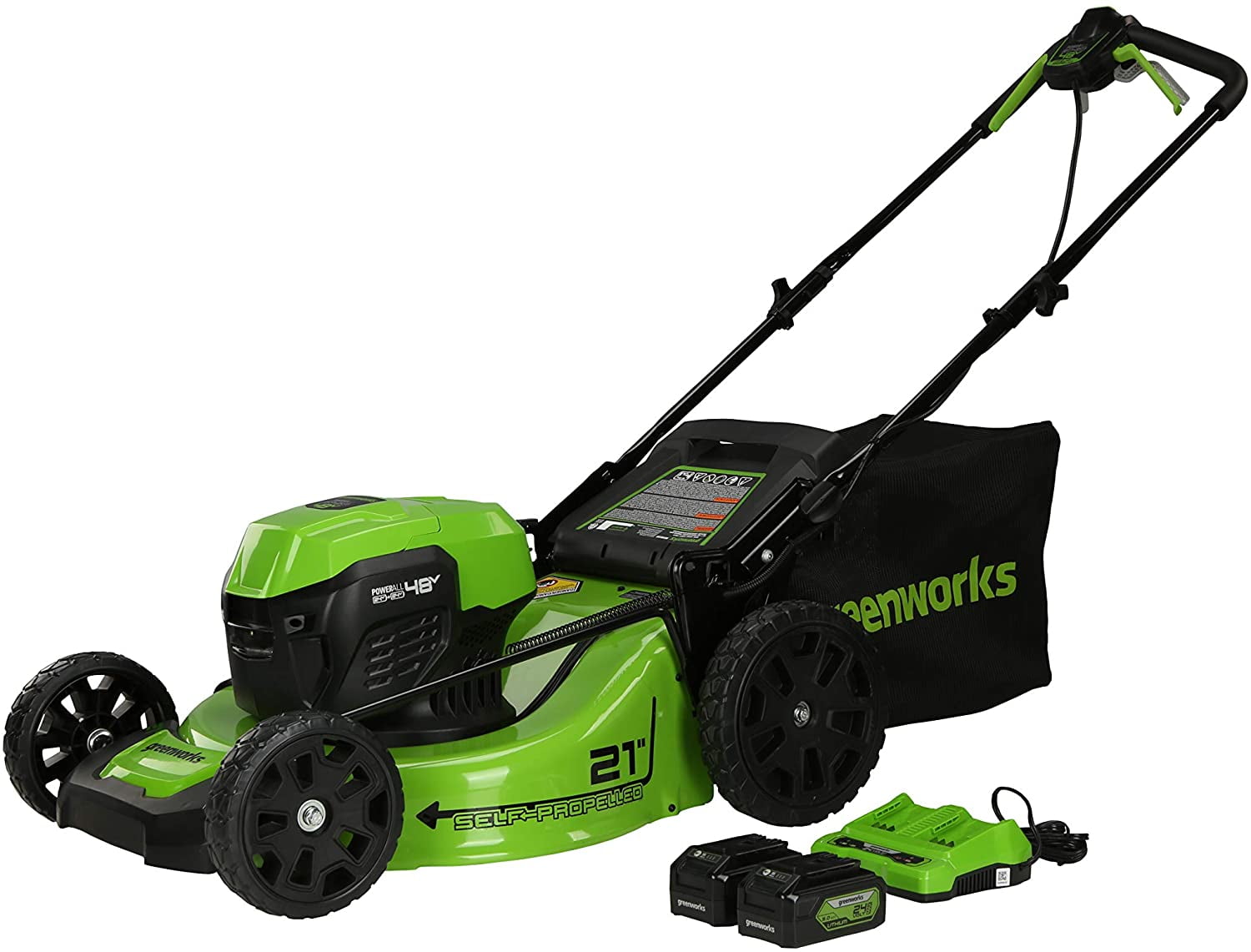 Greenworks 48V (24V x 2) 21" Self-Propelled Mower + (2) 5.0Ah USB Batteries & 4A Dual Port Charger