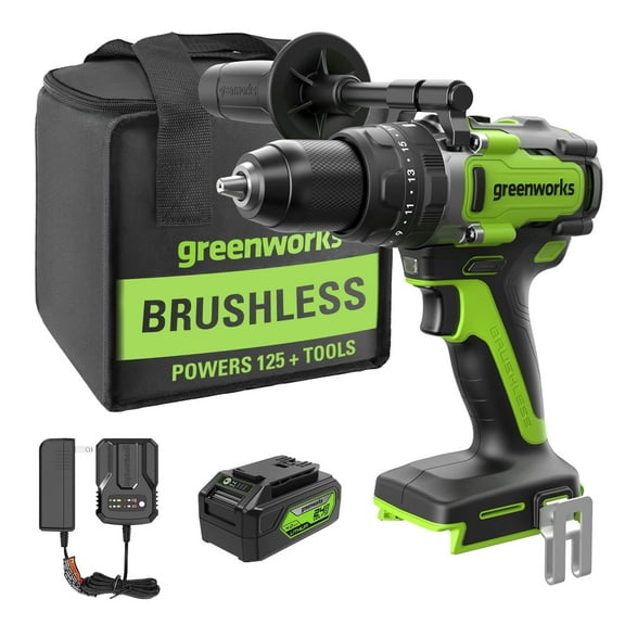 Greenworks 24V 1/2" 1240 in-lbs Brushless Hammer Drill, 4Ah Battery and Charger Included