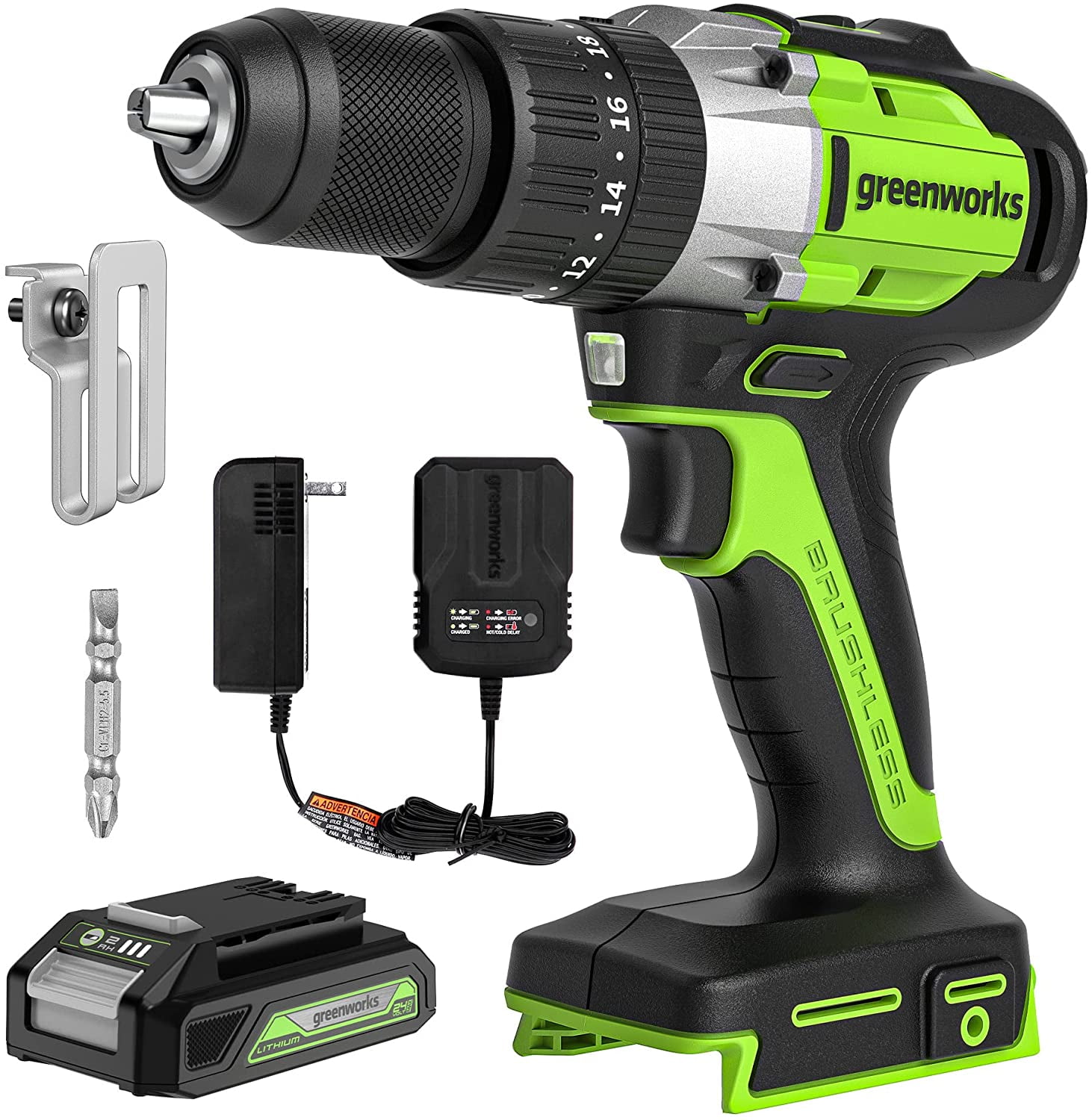 Greenworks 24V 1/2" Cordless Brushless Hammer Drill Kit + 2Ah Battery & Charger 3706602