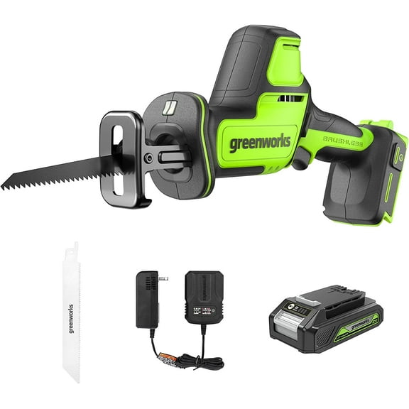 Greenworks 24V 1" Brushless Compact Reciprocating Saw + 2 Ah Battery and Charger 1201802