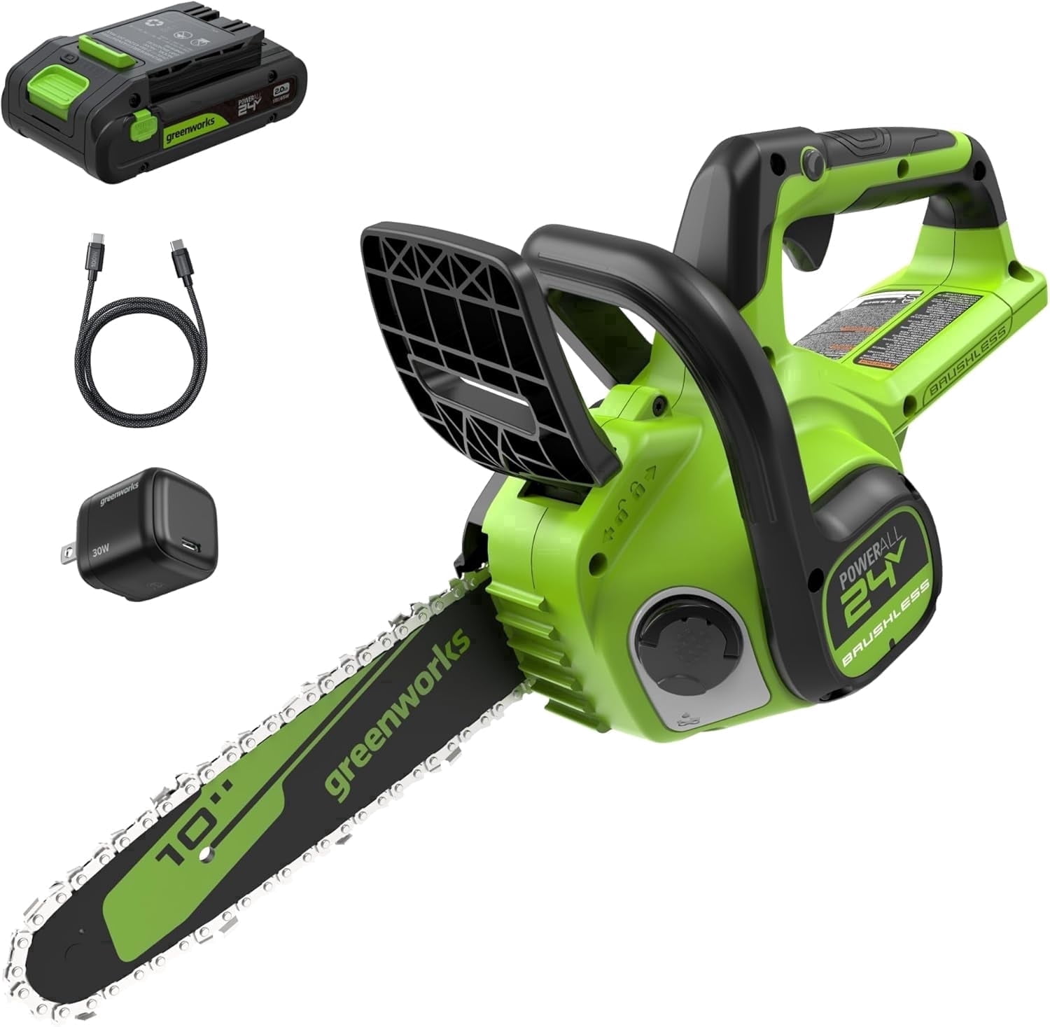 Greenworks 24V 10'' Brushless Chainsaw, 2.0Ah Battery and 30W Type-C Charger