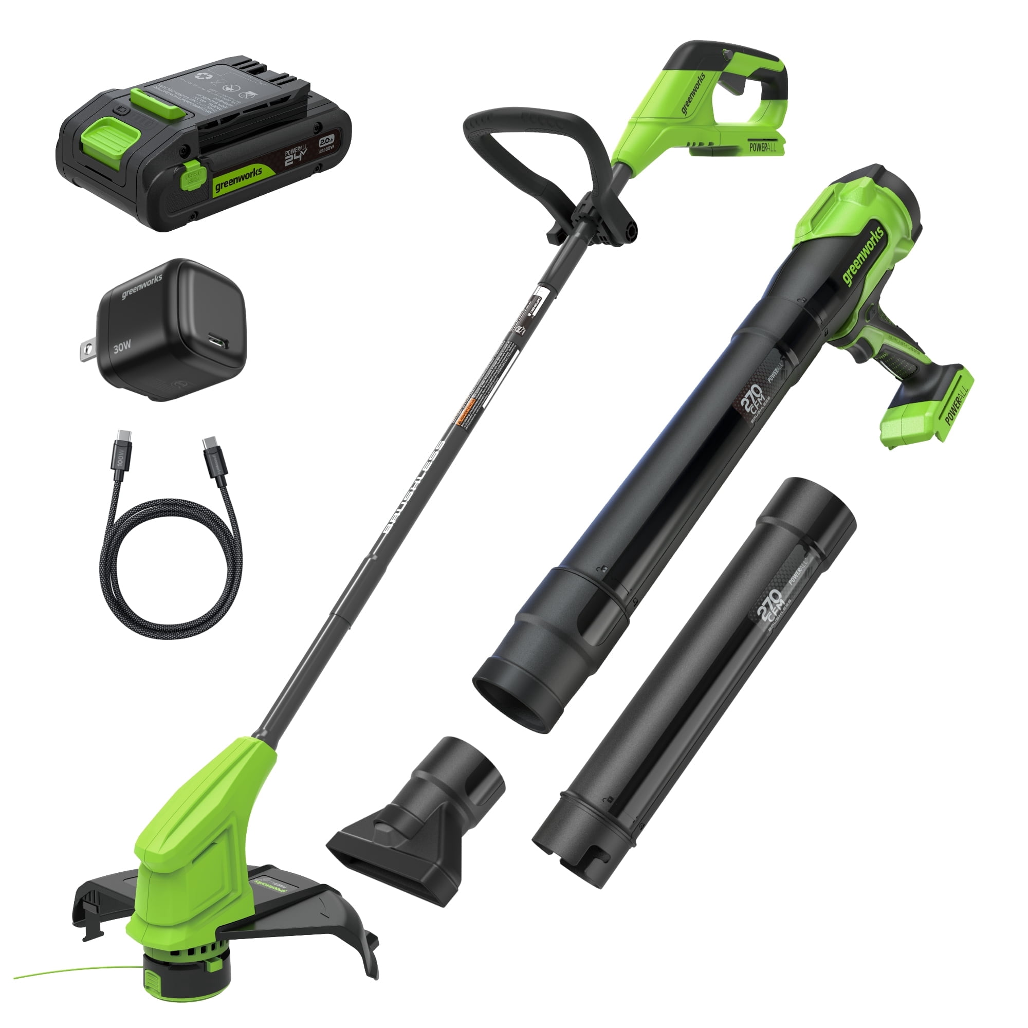 Greenworks 24V 12" Brushless String Trimmer and 270 CFM Brushless Leaf Blower Combo, Auto-Feed, 2.0Ah Battery, 30W USB-C Charger, 3-Year Warranty