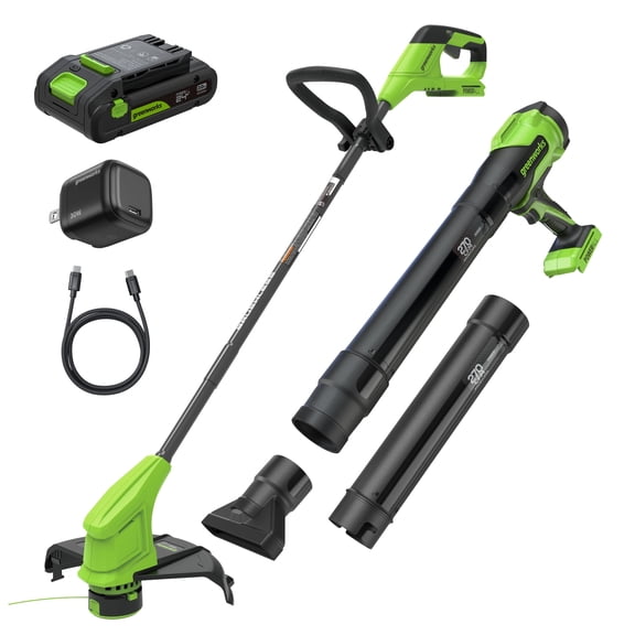 Greenworks 24V 12" Brushless String Trimmer and 270 CFM Brushless Leaf Blower Combo, Auto-Feed, 2.0Ah Battery, 30W USB-C Charger, 3-Year Warranty